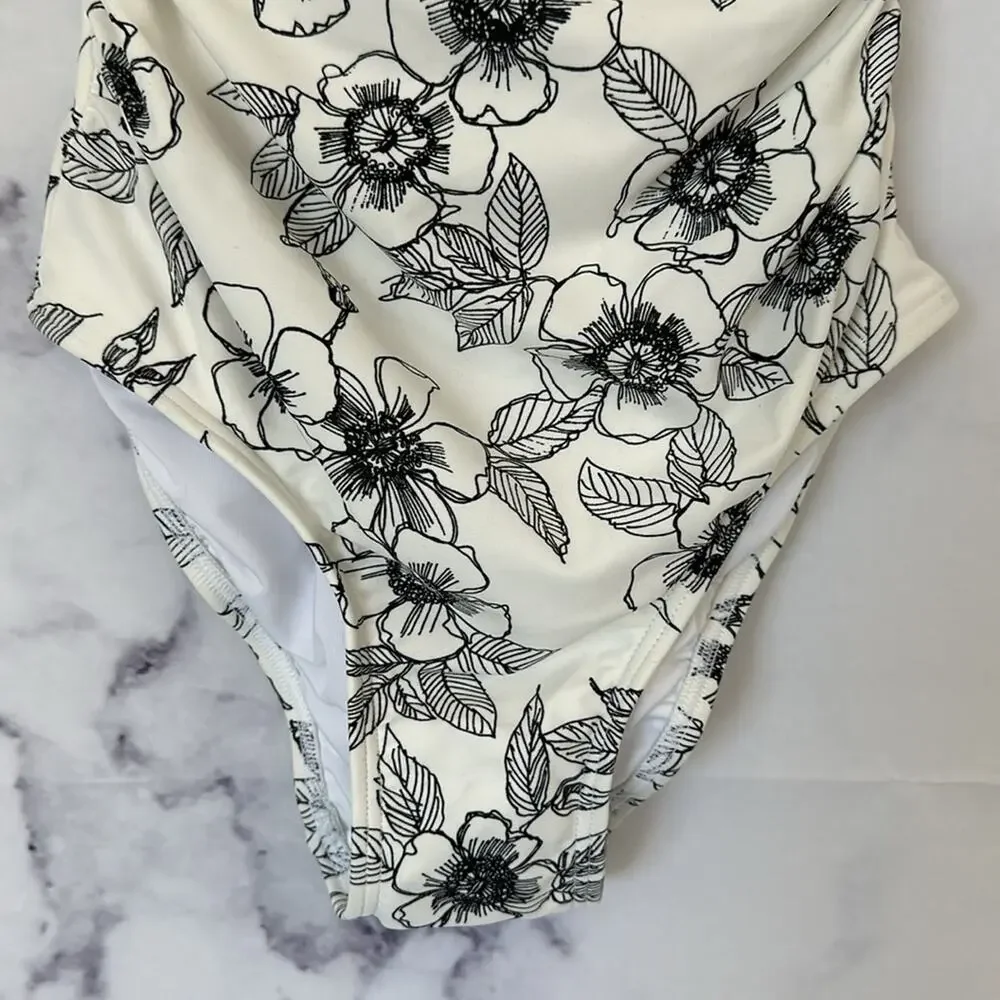 TOMMY HILFIGER Blossom White Black Ruffle Neckline One Piece Swimsuit Size 4